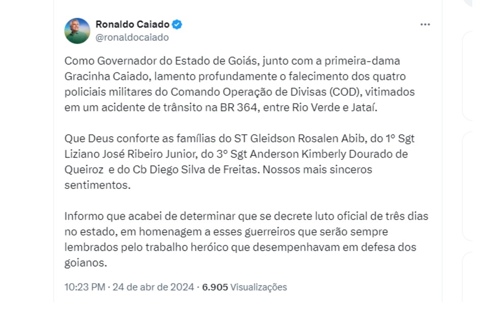Governador Ronaldo Caiado decreta luto oficial após morte de policiais militares em acidente — Foto: Reprodução/Twitter
