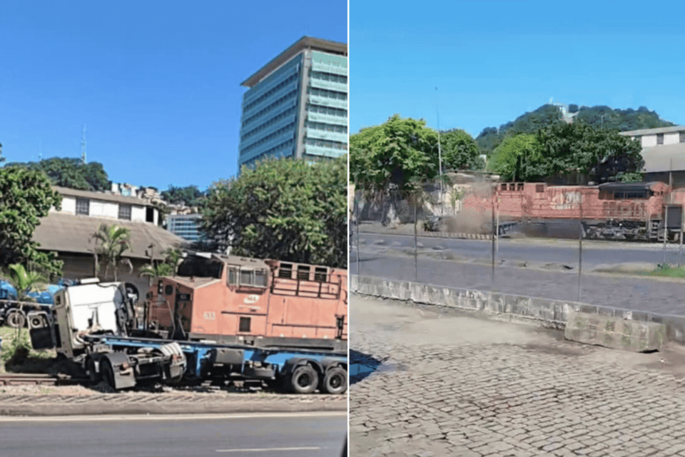 Trem arrasta caminhão após motorista tentar cruzar trilhos no litoral de SP; VÍDEO
