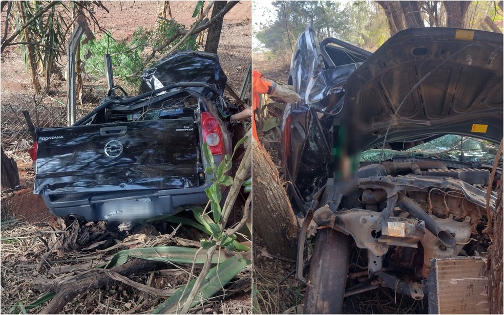 Filho e mãe morrem em após caminhonete bater em árvores na estrada entre Fama e Alfenas, MG — Foto: Corpo de Bombeiros