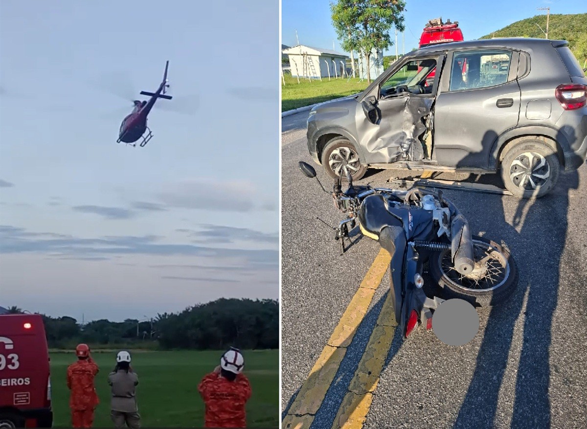 Motociclista é resgatado de helicóptero após acidente na RJ-106, em Iguaba 