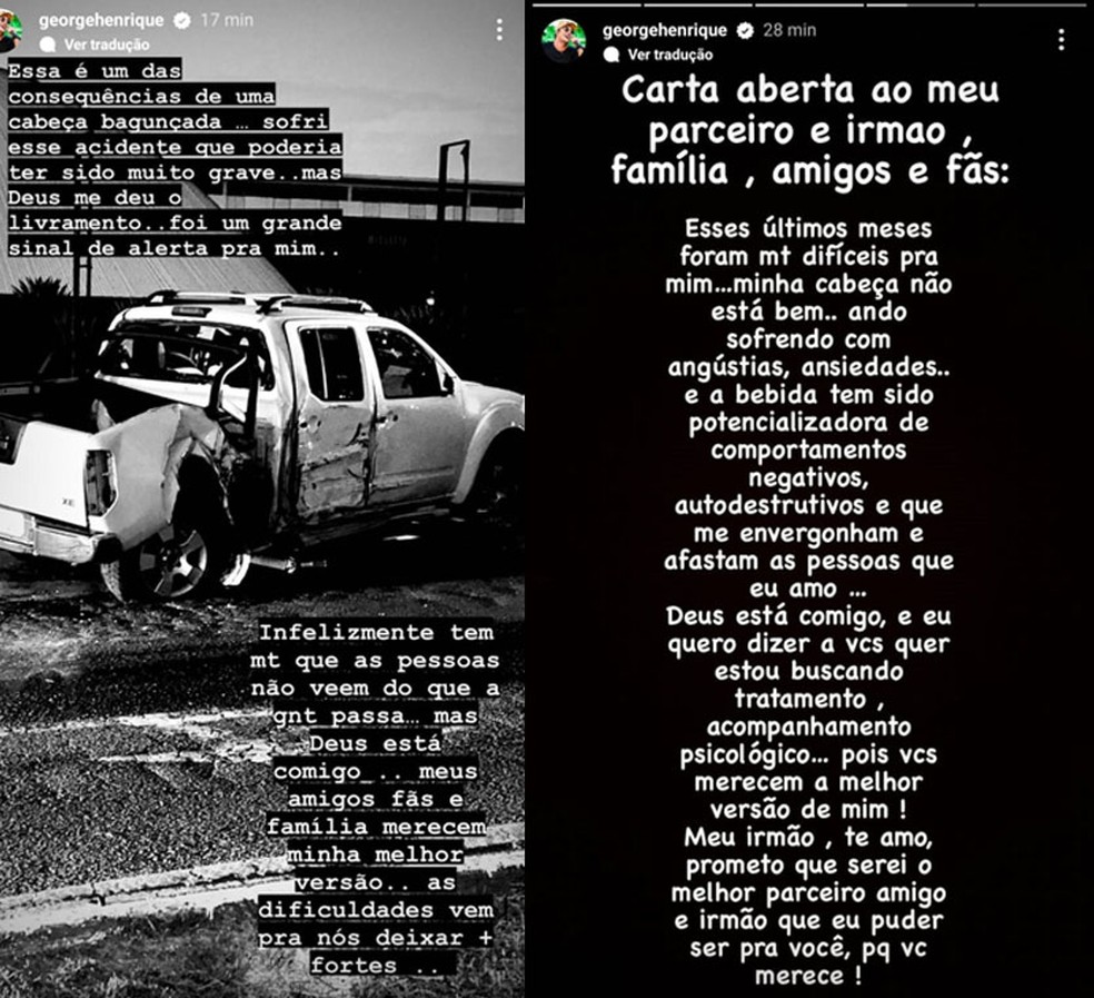 George Henrique comentou o acidente nas redes sociais — Foto: Reprodução/Redes Sociais