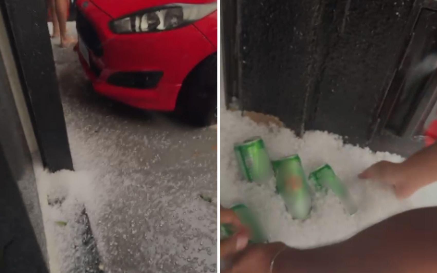 Empresários colocam cerveja para 'gelar' em granizo que caiu durante forte chuva em Goiânia