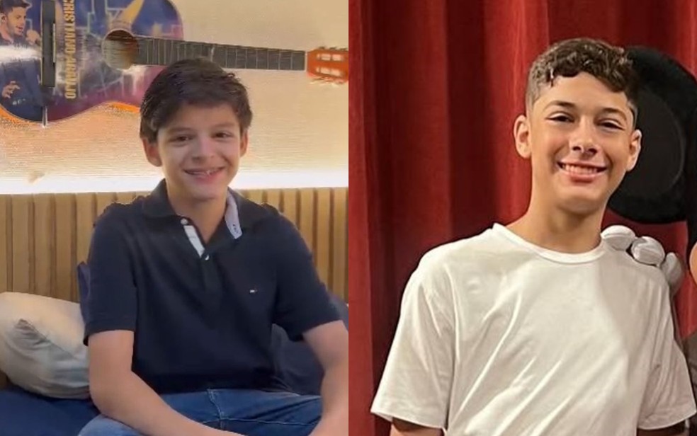Os filhos de Cristiano Araújo: Bernardo de 12 anos e João Gabriel de 16 anos — Foto: Elisa Leite/Arquivo pessoal | Reprodução/Instagram João Gabriel Araújo
