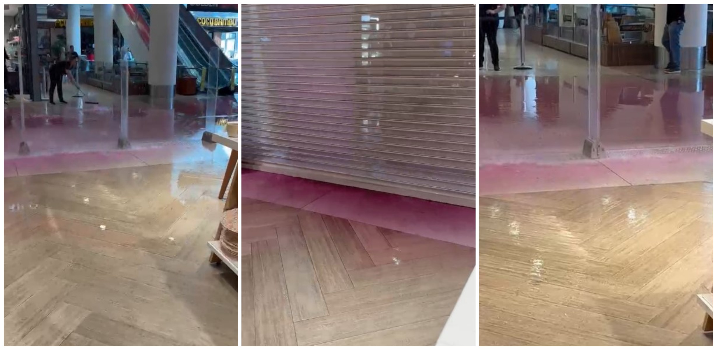 Shopping em São Bernardo do Campo registra vazamento de água rosa, e parte do forro desaba