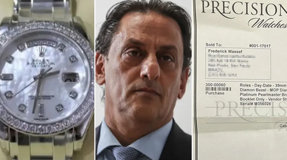 Recibo de compra de Rolex em nome de Frederick Wassef — Foto: Reprodução; TIAGO QUEIROZ/ESTADÃO CONTEÚDO/Graziela Azevedo/TV Globo/