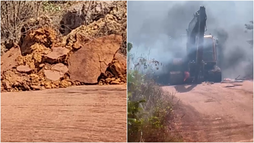 Moradores destruíram uma máquina da Mineração Aurizona, após deslizamento de rejeitos em estrada — Foto: Reprodução/Redes sociais