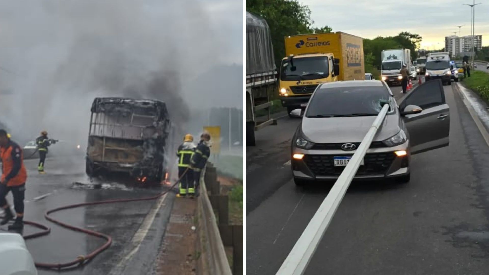 VÍDEO: ônibus pega fogo e poste atravessa para-brisa de carro em acidentes na Rodovia do Contorno