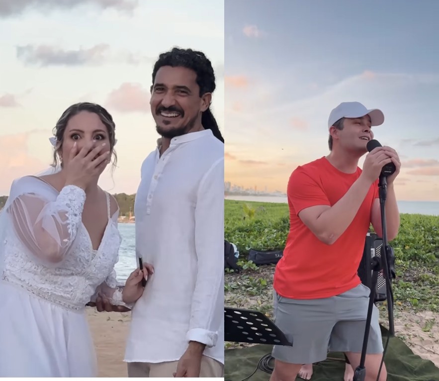 Matheus, da dupla com Kauan, faz surpresa e canta para noivos em casamento em João Pessoa