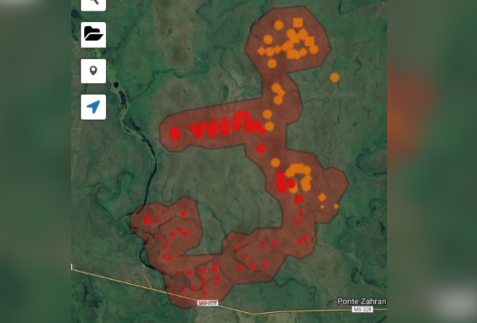 Tamanho do foco de incêndio na região do Pantanal de Corumbá (MS) — Foto: Sisfogo