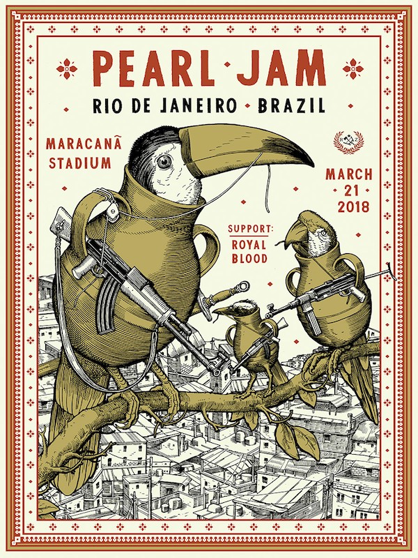 Pearl Jam: cartaz de show no Rio mostra aves com metralhadoras em