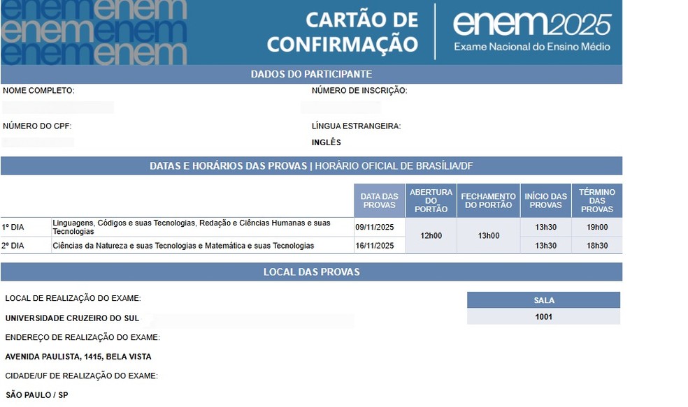 Cartão de confirmação do Enem 2025 — Foto: Reprodução