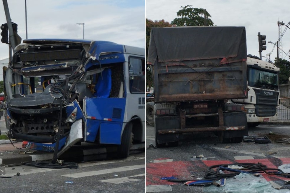 Destruição total: caminhão bate em ônibus e motorista é arremessado pelo para-brisa; VÍDEO — Foto: Addriana Cutino/g1