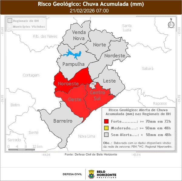 Defesa Civil emite alerta de risco geológico forte para três regiões de BH até 