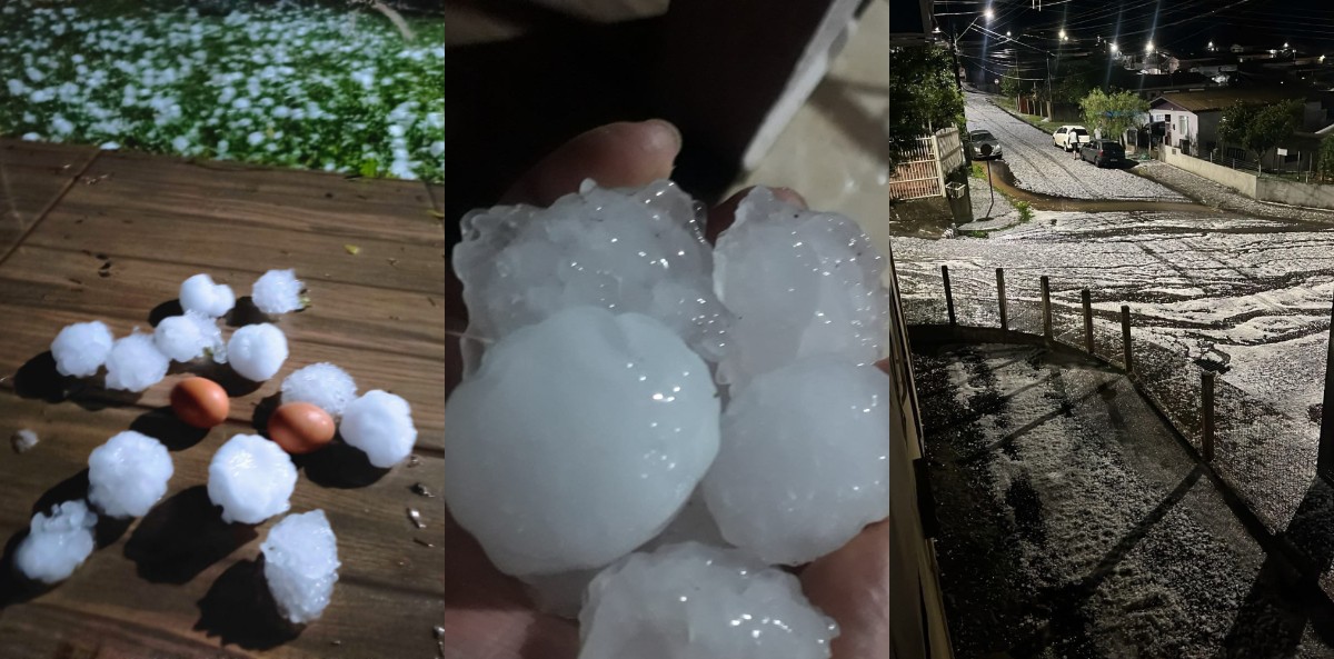 Temporal com granizo cobre ruas de SC com com 'bolas' de gelo; VÍDEO