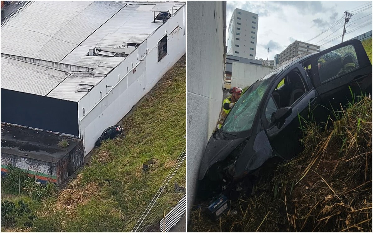 Carro desvia de moto, despenca de ribanceira e deixa feridos na Itamar Franco, em Juiz de Fora