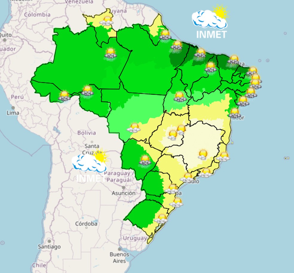 Mapa mostra previsão de chuva para esta terça (14) em todo o Brasil. — Foto: Inmet/Reprodução