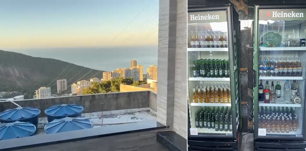 Vista do terraço e geladeira cheia no prédio do tráfico da Rocinha — Foto: Reprodução/TV Globo