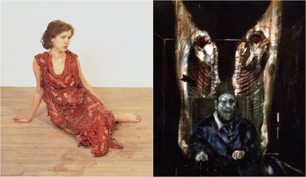 As obras 'Vanitas: Vestido de Carne para uma Albina Anorexia', de Jana Sterbak, e 'Figura com Carne', de Francis Bacon de — Foto: Museu Walker Art Center/Art Institute Chicago