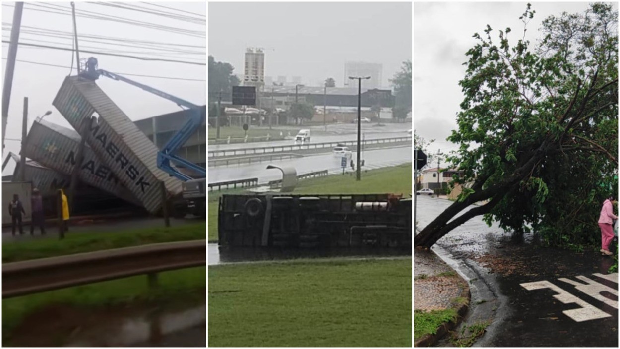 VÍDEO: chuva com ventos de 70 km/h derruba contêineres, caminhão e árvores no interior de SP