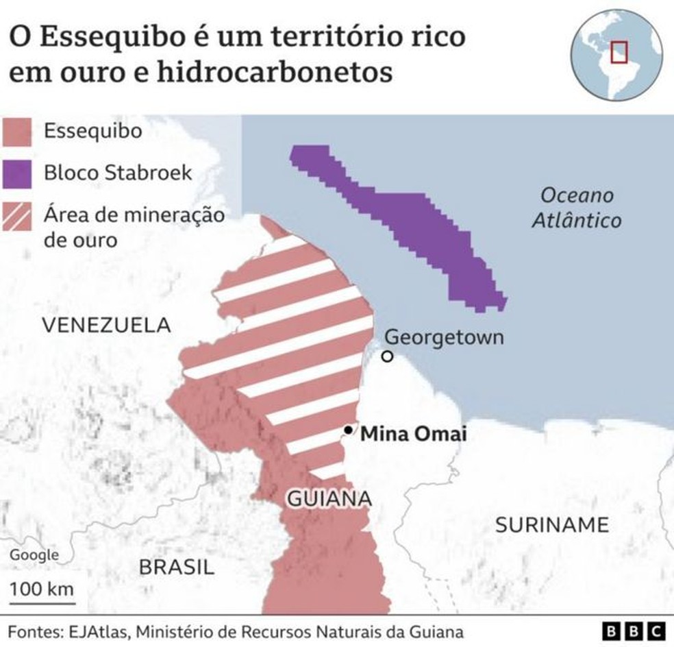 Território em disputa entre Venezuela e Guiana — Foto: BBC