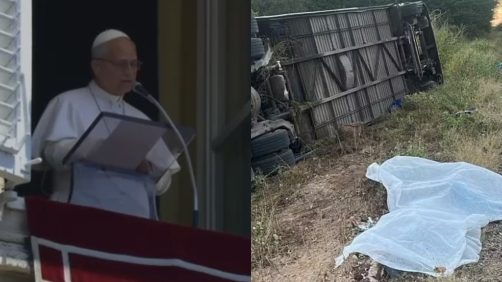 O papa Leão XIV fez homenagem a jovens mortos em acidente com time de basquete no Ceará, ao final da oração do Angelus deste domingo (21). — Foto: Reprodução.