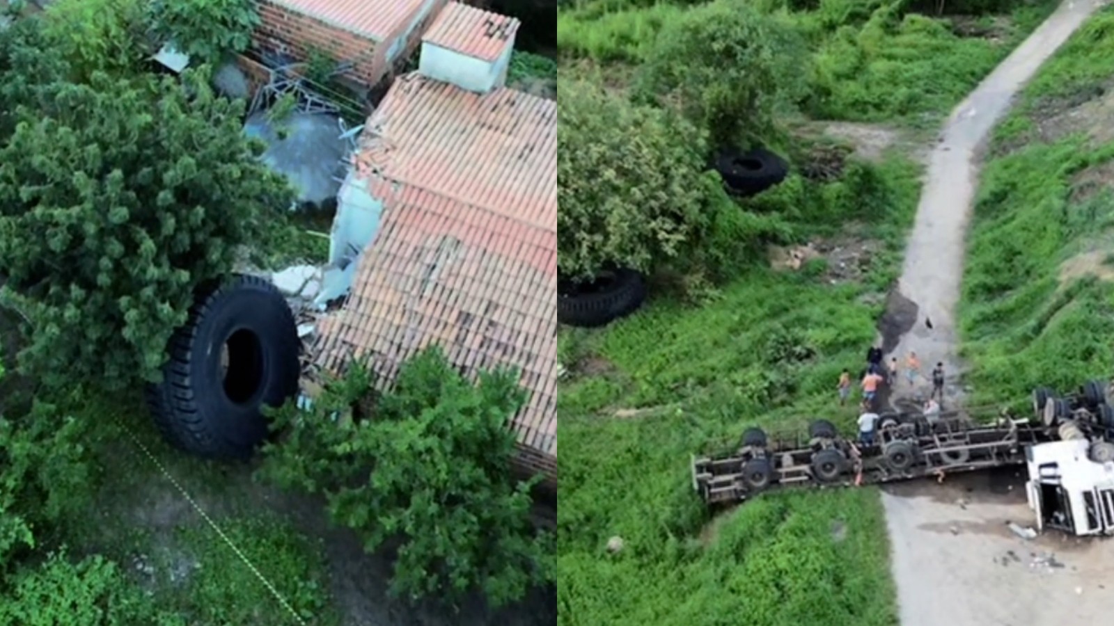 Pneus gigantes atingem casas após carreta tombar em estrada no Ceará; veja vídeo