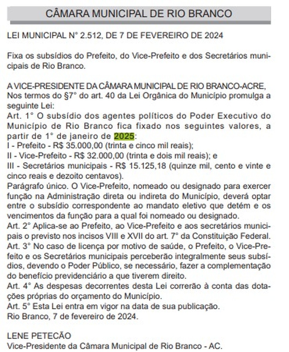 Lei de 2024 estabelecia salários para prefeito, vice e secretários — Foto: Reprodução