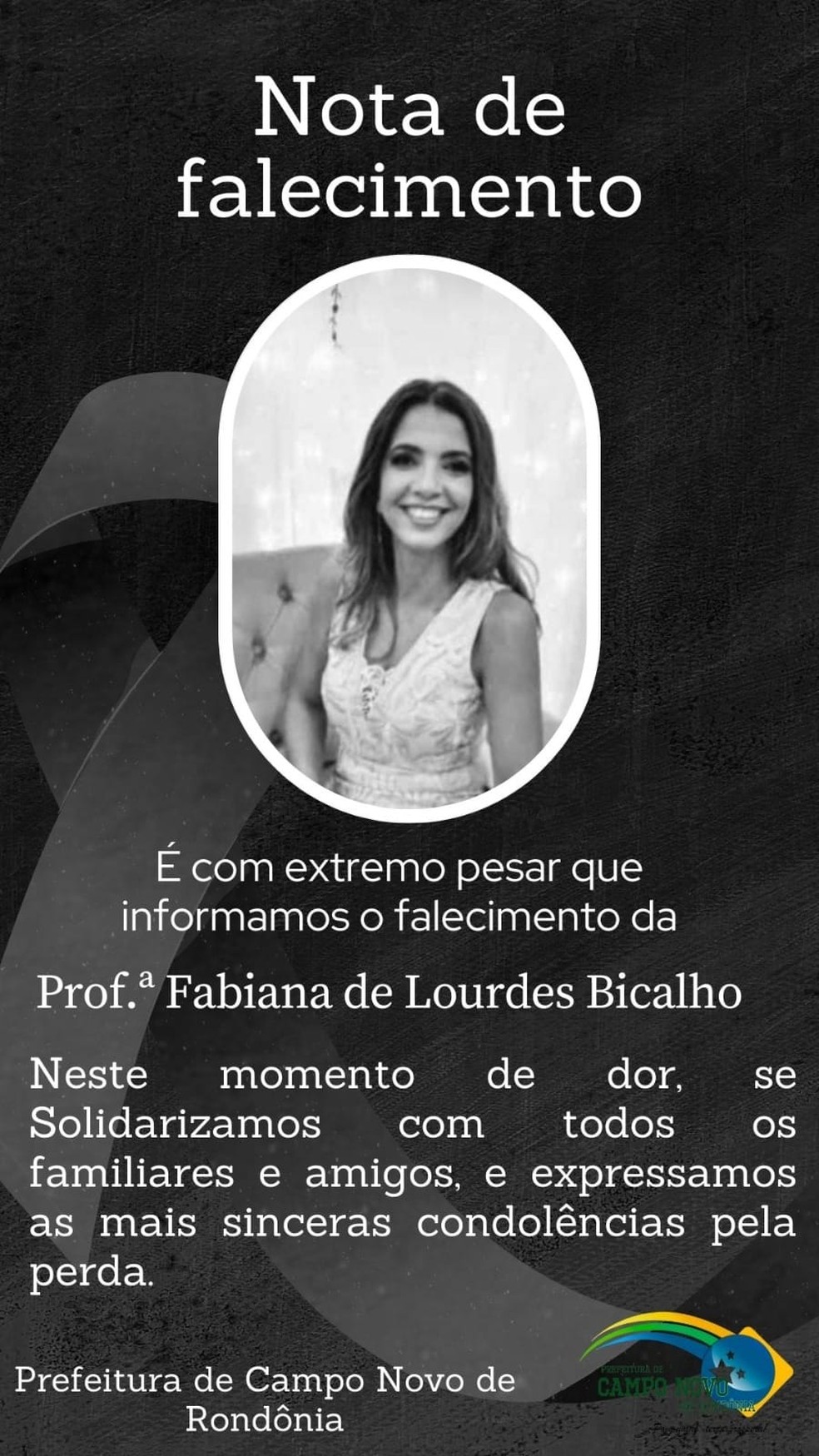 Nota de Pesar da Prefeitura Municipal de Campo Novo de Rondônia — Foto: Reprodução/ Prefeitura Municipal de Campo Novo de Rondônia (RO)