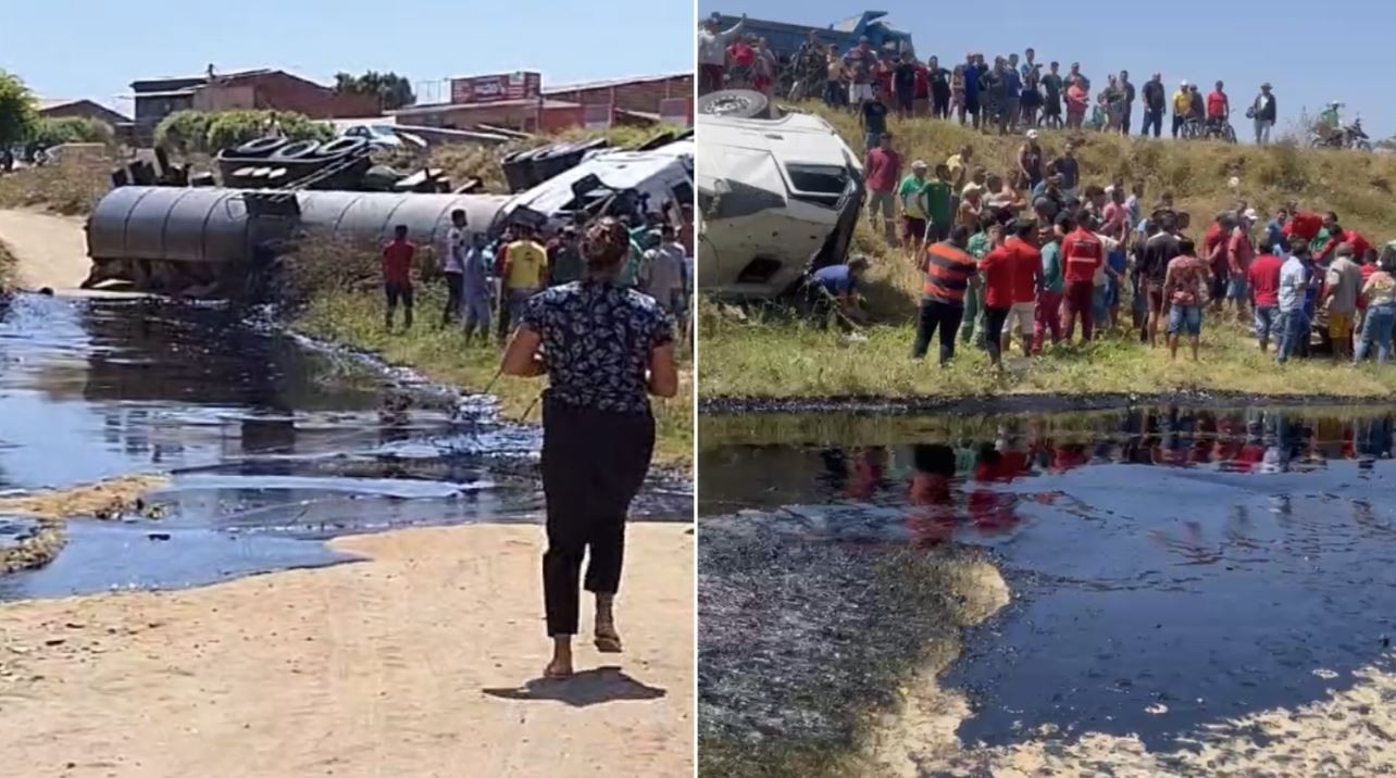 Caminhão tomba e espalha toneladas de piche à margem de rodovia no Ceará