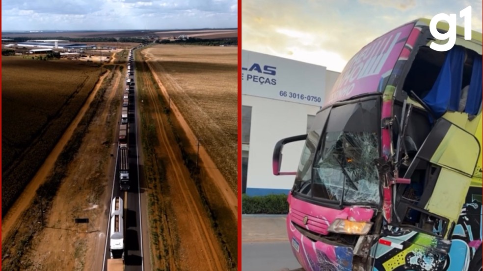 Conforme as imagens divulgadas, os veículos ficaram parados na pista após o acidente, causando retenção no trânsito. — Foto: Reprodução