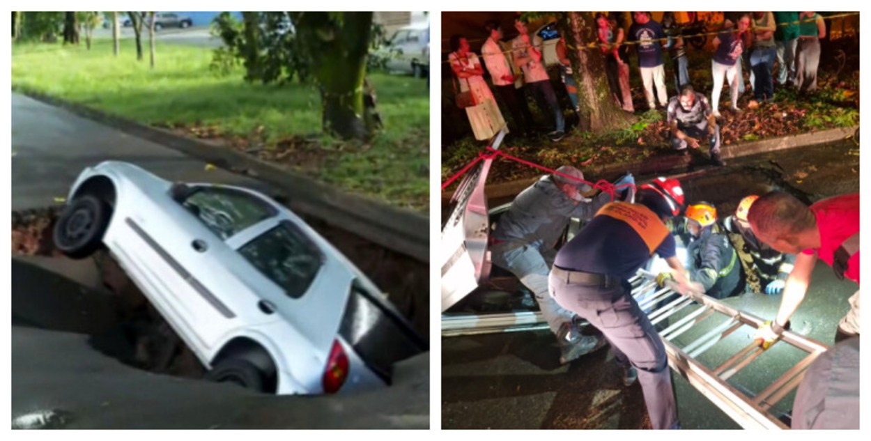 Carro com idosa é ‘engolido’ por cratera após chuva no interior de SP