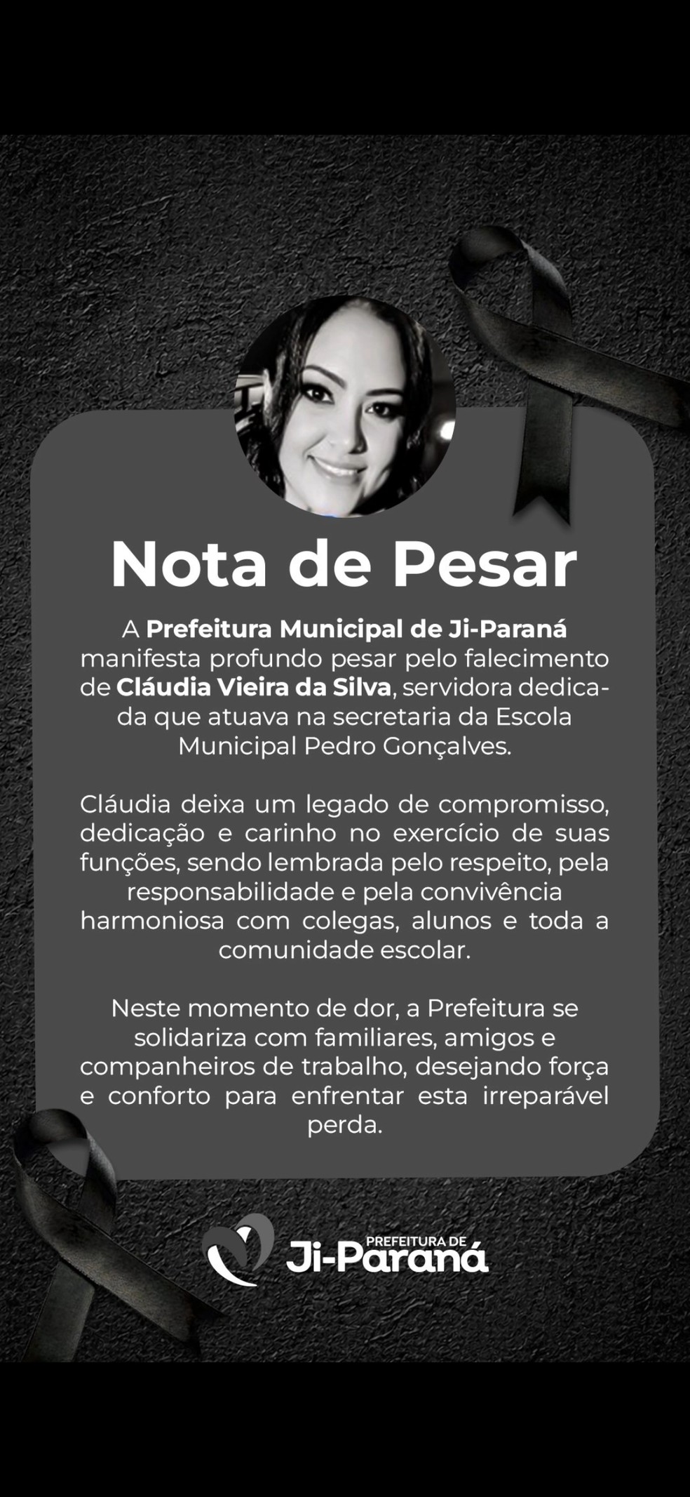 Nota de pesar &mdash; Foto: Reprodu&ccedil;&atilde;o/Redes sociais