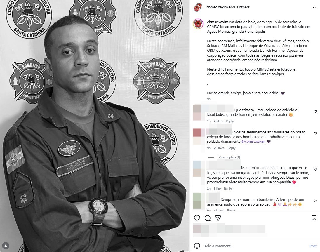 Bombeiro militar e namorada morrem em acidente na Grande Florianópolis