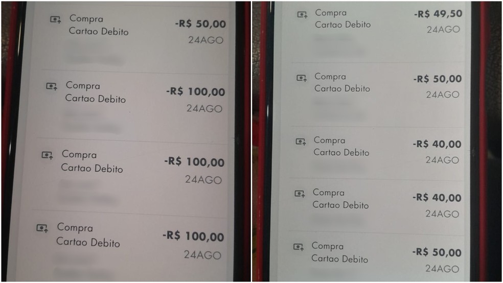 Passageira denuncia que motorista de app fez compras em sete estabelecimentos usando os cartões que ela esqueceu dentro do veículo, em Fortaleza. — Foto: Arquivo pessoal