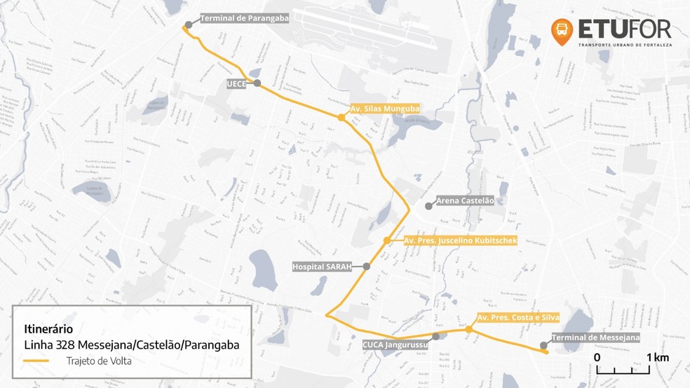 Itinerário da linha de ônibus 328 Messejana/Castelão/Parangaba, em Fortaleza. — Foto: Etufor/Divulgação