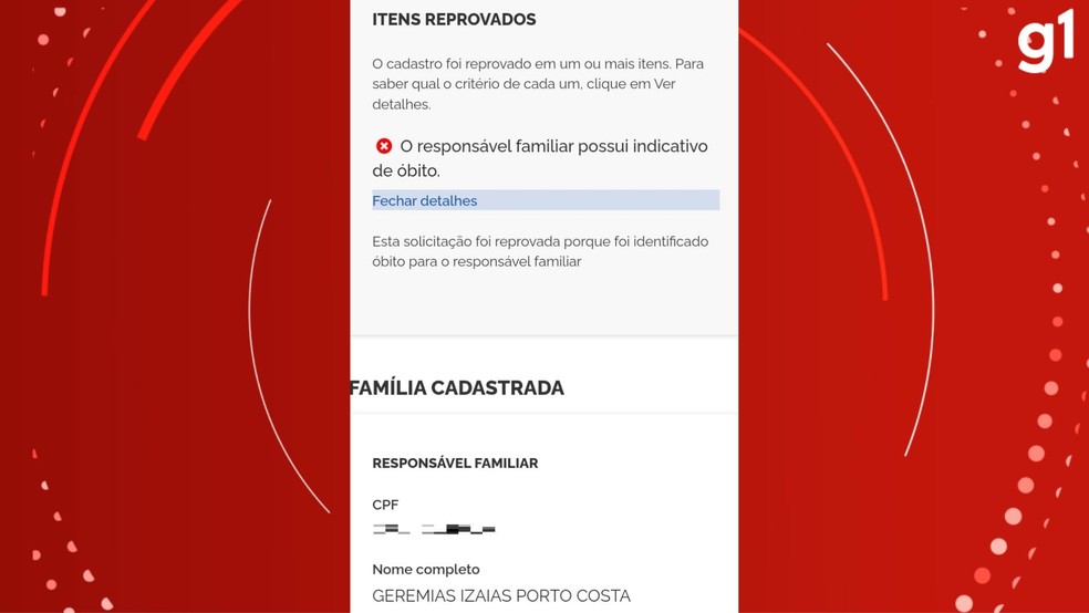 Sistema do governo federal aponta que benefício não foi liberado porque homem foi dado como morto — Foto: Arquivo pessoal