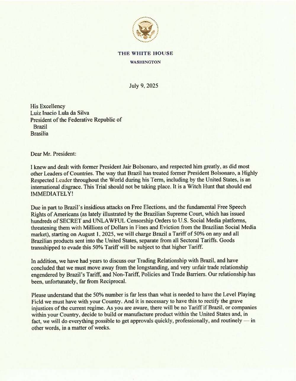 Trump sends a letter to Lula and announces a 50% tariff on Brazilian goods — Photo: Reproduction