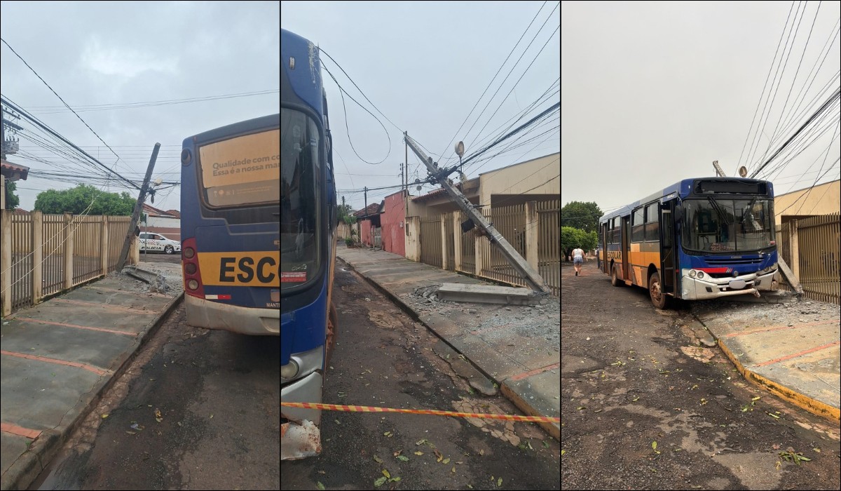 Ônibus desgovernado desce via, bate em poste e danifica rede elétrica em Martinópolis
