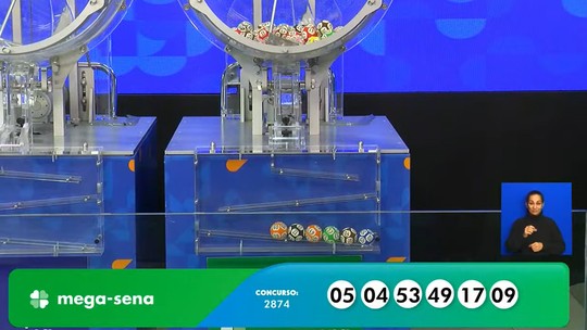 Mega-Sena, concurso 2.874: resultado - Veja os números sorteados: 04 - 05 - 09 - 17 - 49 - 53. Prêmio para quem acertar as seis dezenas é de R$ 59.006.702,03.