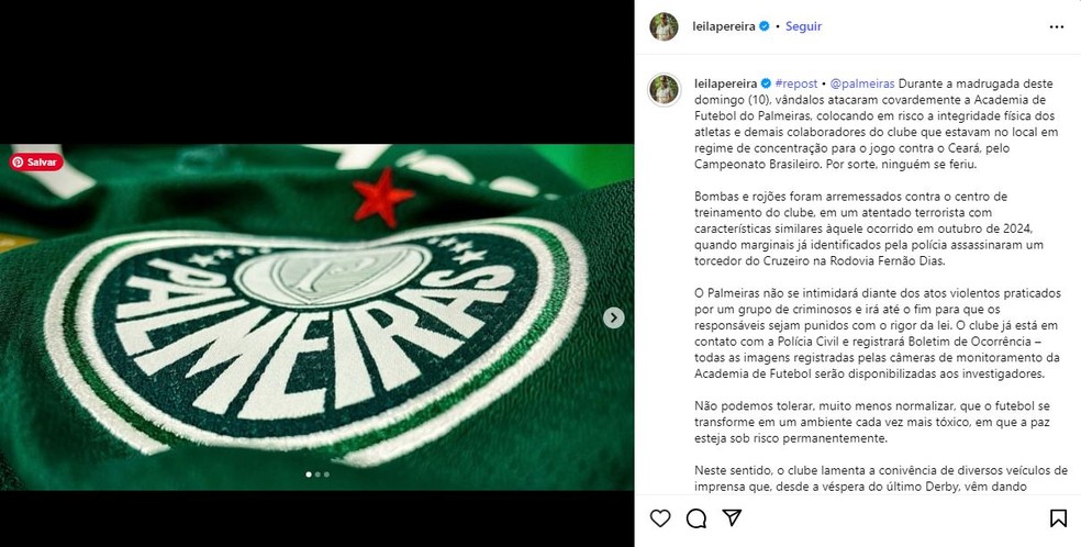 Leila Pereira, presidente do Palmeiras, chamou ataque de 'atentado terrorista' — Foto: Reprodução/Instagram