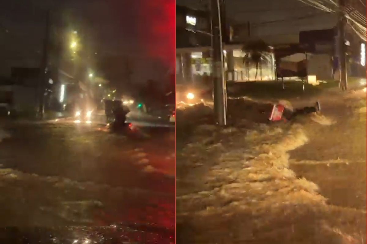 VÍDEO: entregador de app é levado por enxurrada durante temporal em MS