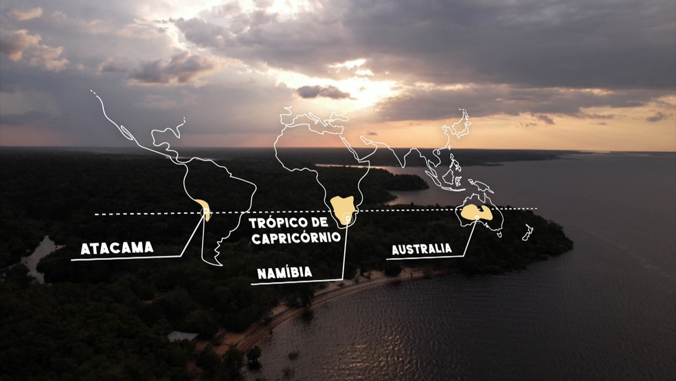 No globo, ao longo do Trópico de Capricórnio há três desertos: da Austrália, da Namibia, e do Atacama no Chile — Foto: Artes/RPC
