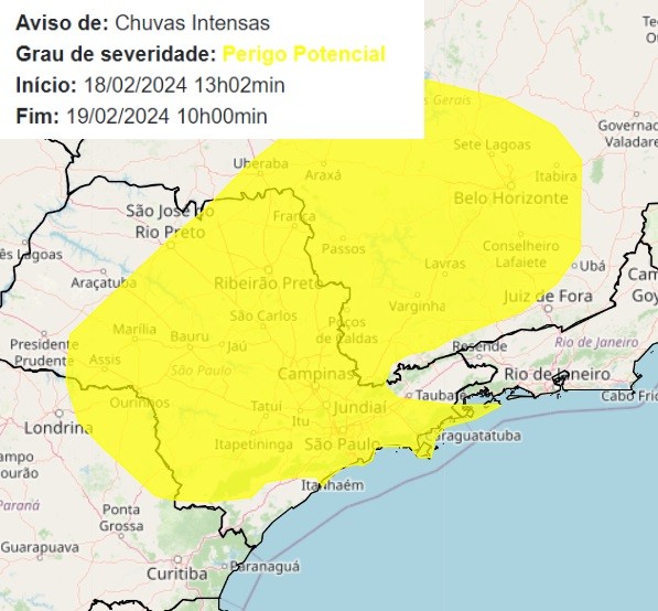 Inmet emite alerta de perigo para chuvas de 30 milímetros e ventos de até 60 km/h nas regiões de Piracicaba e Campinas