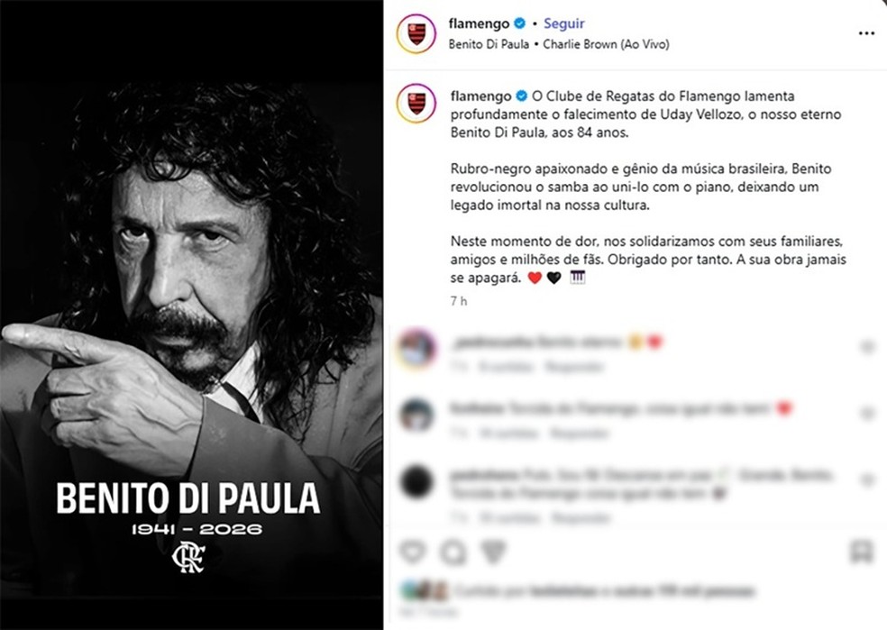 O Flamengo lamentou a morte do cantor e compositor Benito Di Paulo — Foto: Reprodução/ Instagram