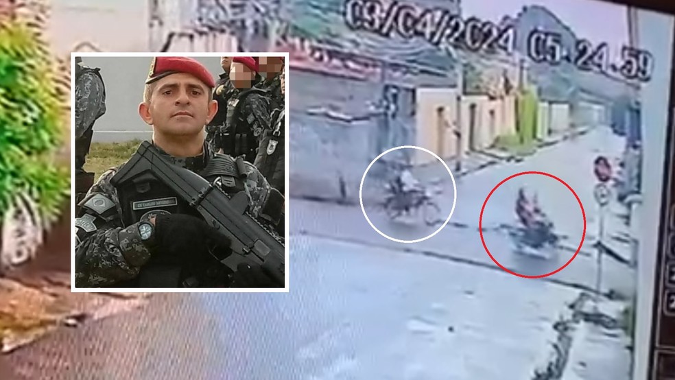 Criminosos armados (círculo vermelho) atiraram e mataram sargento da PM (círculo branco) que trafegava em direção ao trabalho — Foto: Reprodução