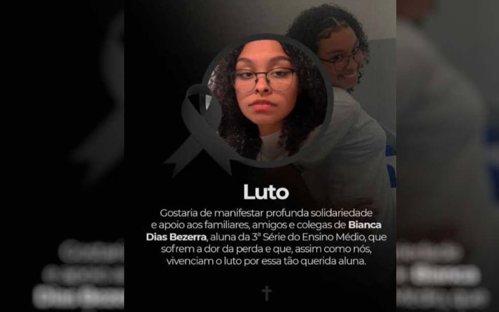 Nota de pesar sobre estudante Bianca Dias Bezerra, de 17 anos, que morreu após ser atropelada por um caminhão na GO-156, em Anicuns, Goiás — Foto: Reprodução/Redes Sociais
