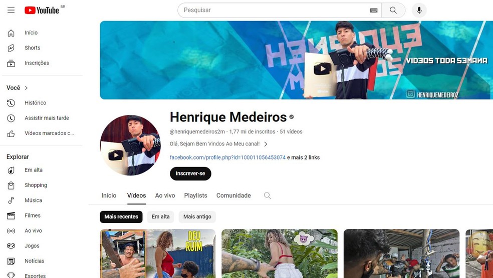A página de Henrique Medeiros no YouTube tem quase 1,8 milhão de inscritos — Foto: Reprodução/Arquivo pessoal