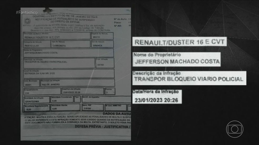 Infração de trânsito no carro de Jeff Machado; chaves estavam com o amigo e suspeito Bruno de Souza Rodrigues — Foto: Reprodução/TV Globo