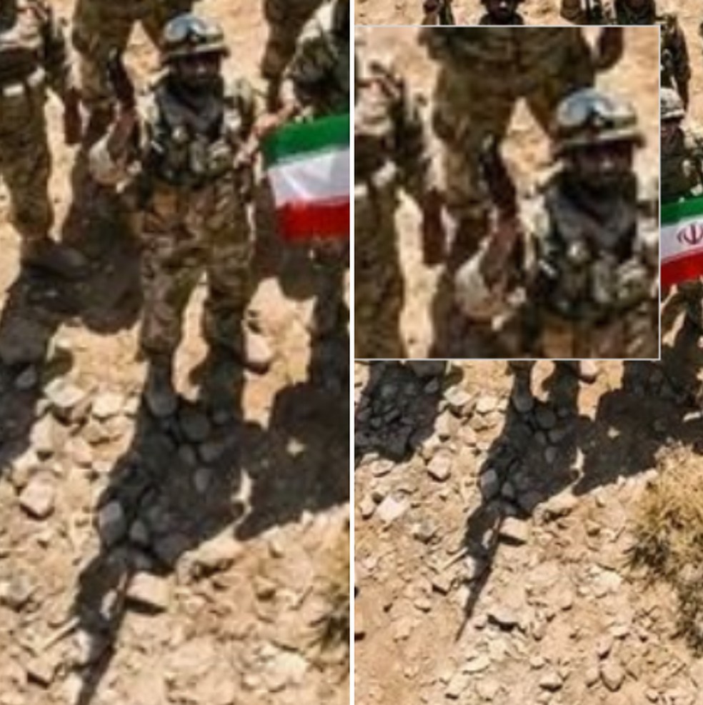 Foto de IA tem sombra diferente da arma que homem está segurando. — Foto: Reprodução