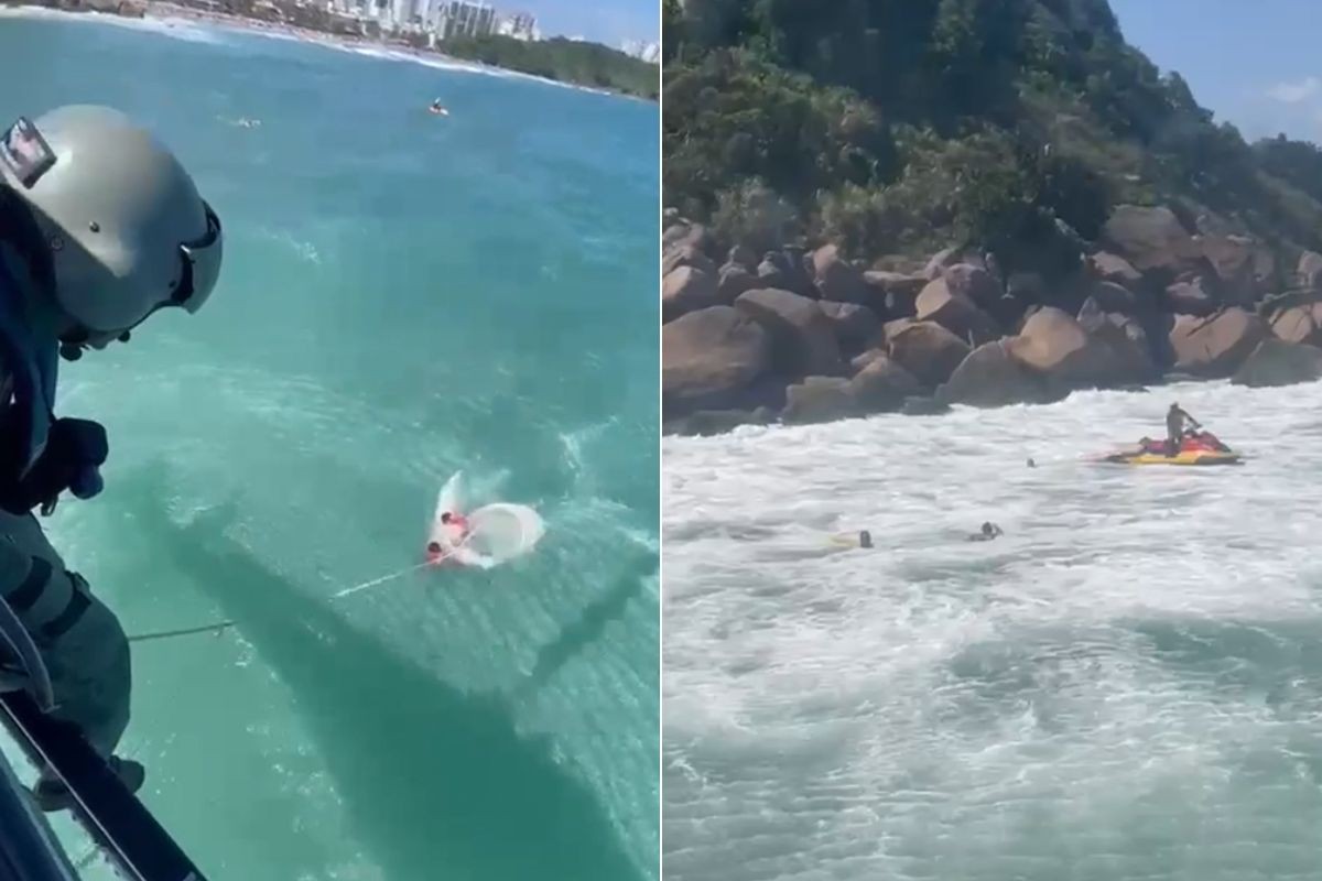 Turista arrastado por correnteza é resgatado com apoio do helicóptero Águia no litoral de SP; VÍDEO